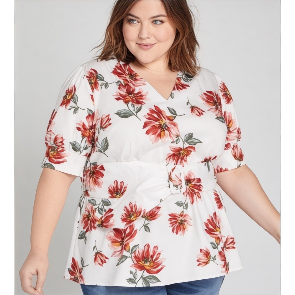 Lane Bryant Floral Belted Peplum Blouse Womens 20 White Red Cottagecore Spring